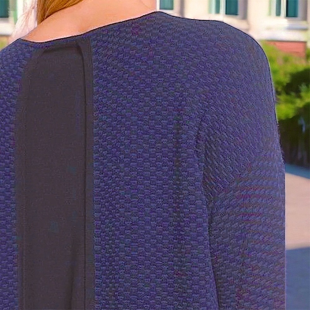 $338 Eileen Fisher Split Back Top Small 6 8 Blue + Black Subtle Textured Check